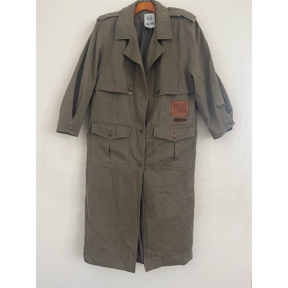 Vintage Together! Trench Coat Women 10 Green Long Cotton Military Duster